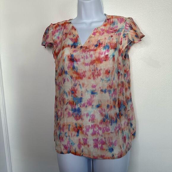 Nanette Lepore Watercolor V-neck Flutter Sleeve Top, XS - Picture 3 of 7